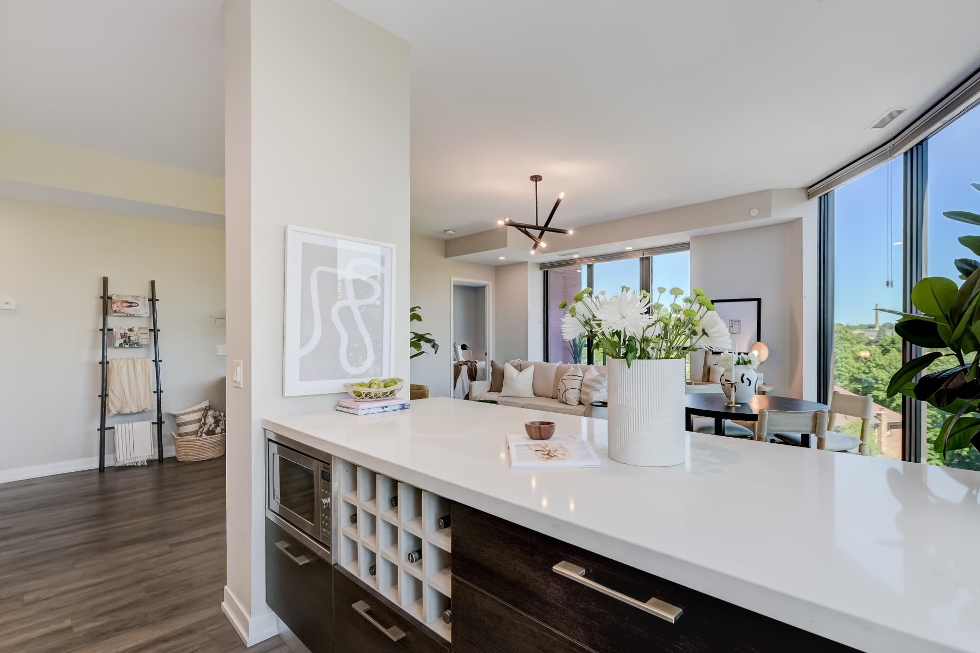 Breakfast bar island with wine rack and built-in microwave