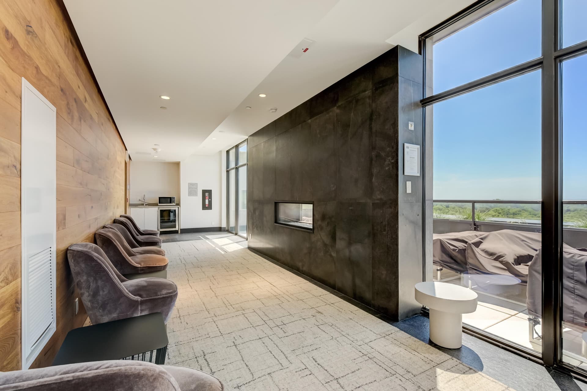 Rooftop lounge with fireplace, kitchenette and terrace walkout